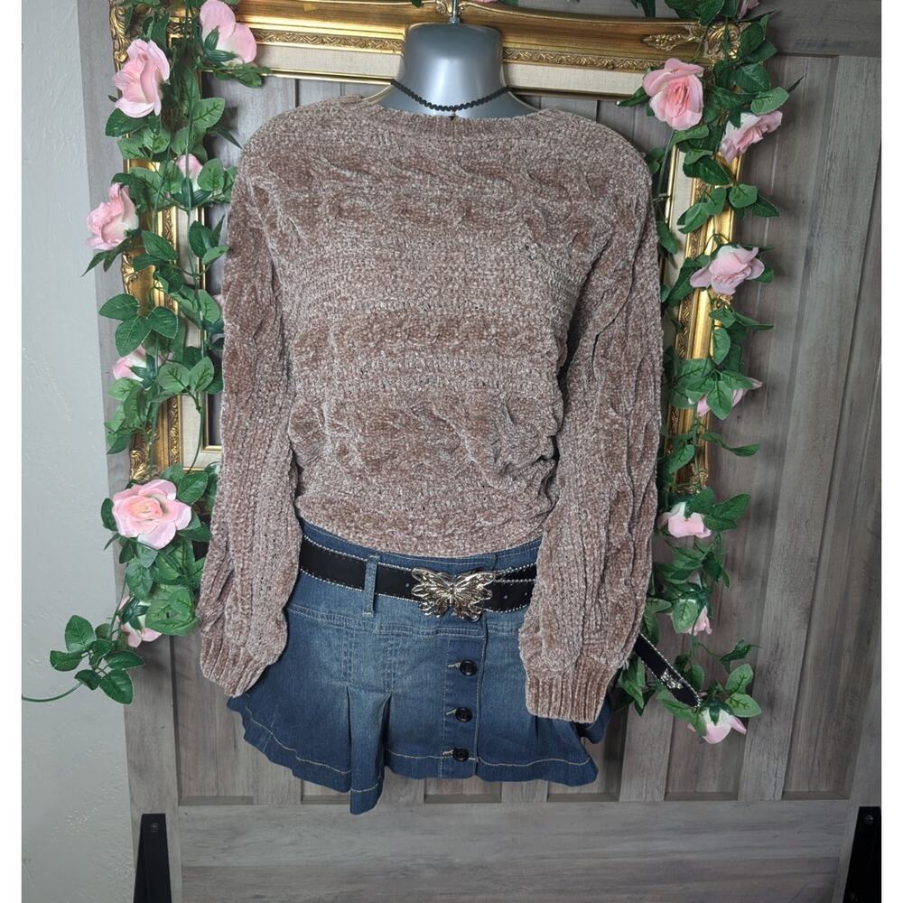 Pink Rose Chenille Cable Knit Sweater Womens XS Brown Open Lace Back Cozy
